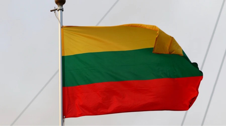 Головний радник президента Литви з національної безпеки Дейвідас Матульоніс під час брифінгу для ЗМІ на тлі прапорів Литви та